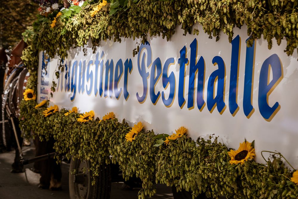 Mit Hopfen und Sonnenblumen geschmückter Wagen der Augustiner-Festhalle beim Wiesn-Einzug