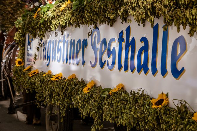 Mit Hopfen und Sonnenblumen geschmückter Wagen der Augustiner-Festhalle beim Wiesn-Einzug